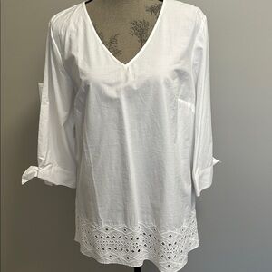 Talbots V Neck 100% Cotton Sz L White Eyelet 3/4 Sleeve Pullover Tunic Blouse